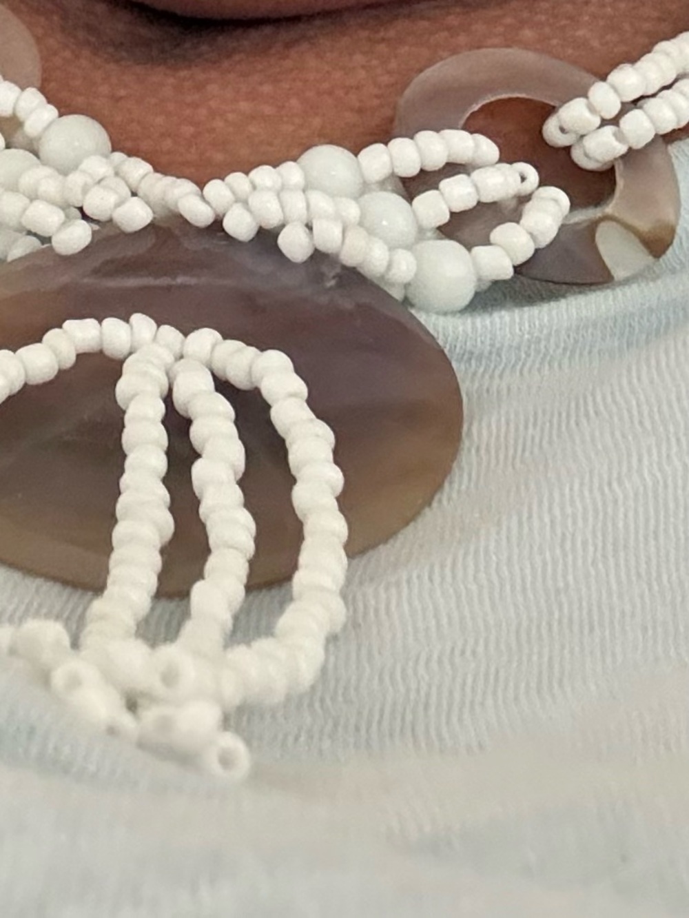 White Abalone Necklace with White Seed Beads & Shiny Silver Toned Abalone